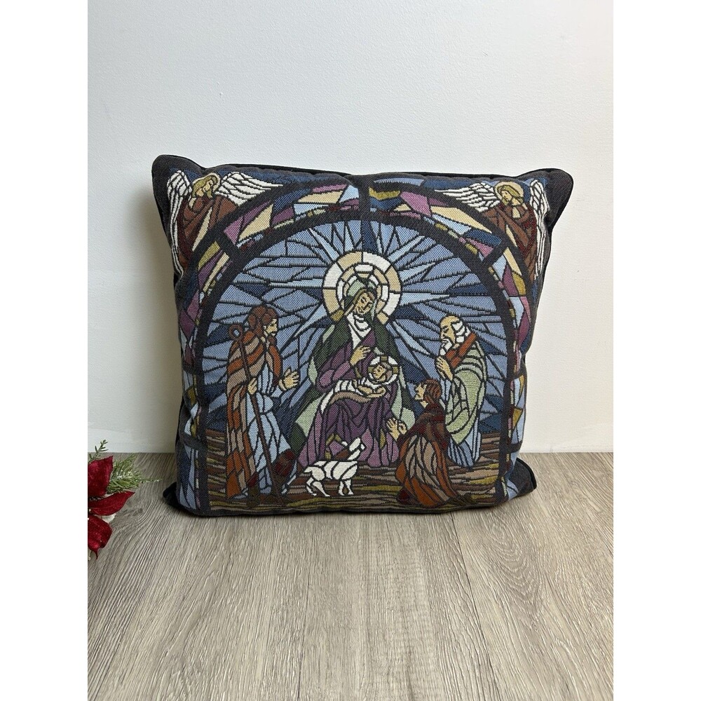 VTG Dakota Tapestry Pillow Nativity Decor Stained Glass Baby Jesus 16”